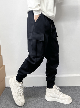 大口袋工装裤男士2025冬季加绒加厚斜纹料子休闲裤修身小脚锥形裤