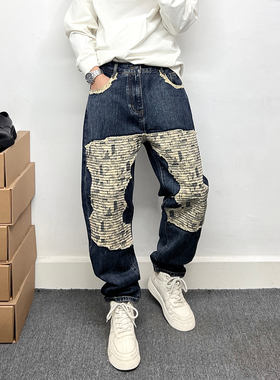 潮牌重磅拼接贴布设计微垮牛仔裤男士潮流发型师修身小脚裤锥形裤