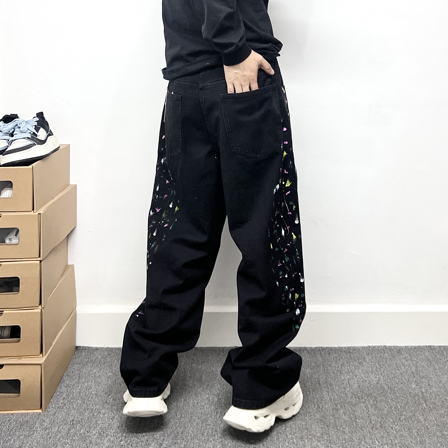 美式高街潮牌宽松直筒泼墨牛仔裤男款阔腿裤韩版潮流休闲百搭长裤