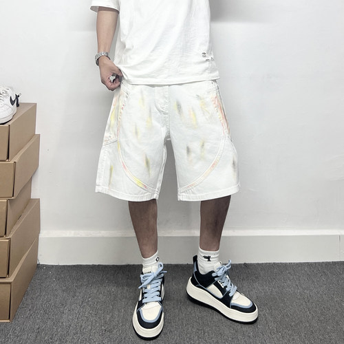 拼接设计感彩绘涂鸦阔腿白色牛仔短裤男潮牌痞帅高品质纯棉五分裤