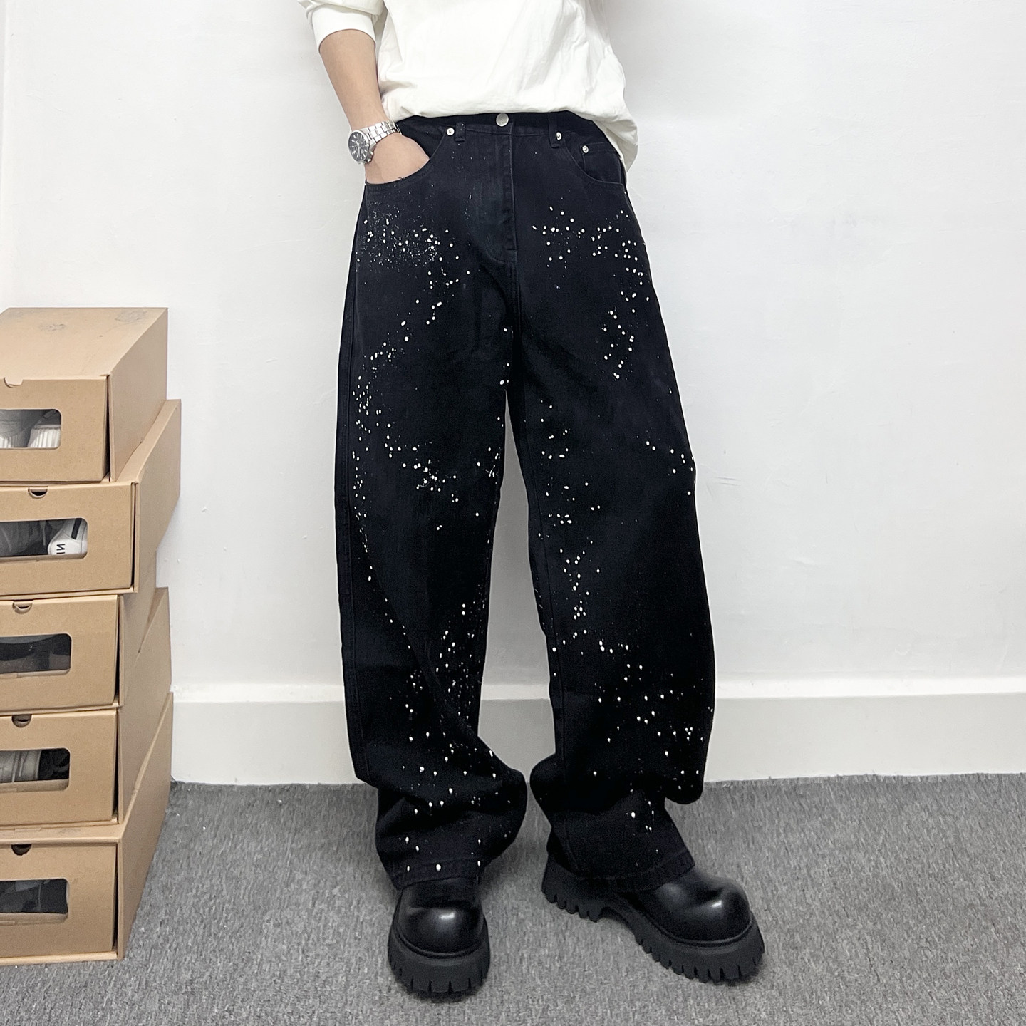欧美街头个性油漆泼点满天星设计黑色牛仔裤男潮牌宽松直筒阔腿裤,男装,牛仔裤,淘宝优惠券,粉丝福利购,淘宝优惠卷