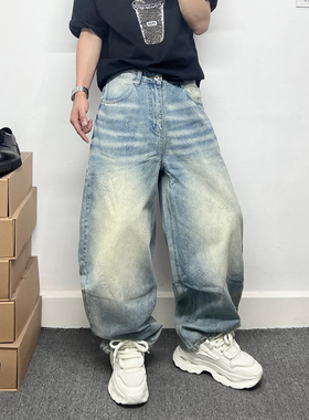 夏季百搭款浅蓝色牛仔裤男潮牌十字架设计感阔腿裤宽松直筒弯刀裤