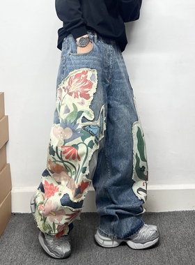 国潮重磅贴布设计牛仔裤男潮牌高街阔腿裤美式街头宽松加长裤子男