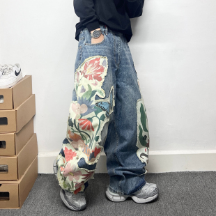 街头宽松加长裤 美式 子男 男潮牌高街阔腿裤 国潮重磅贴布设计牛仔裤