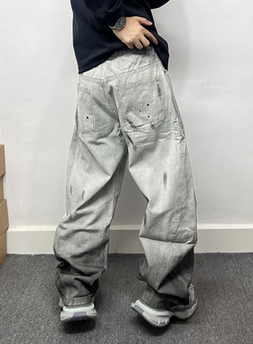 手绘脏脏泼墨阔腿牛仔裤男秋季潮流复古渐变水洗宽松休闲弯刀长裤