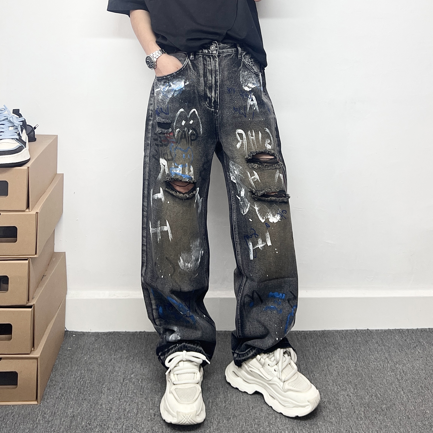 潮牌痞帅字母涂鸦印花阔腿牛仔裤