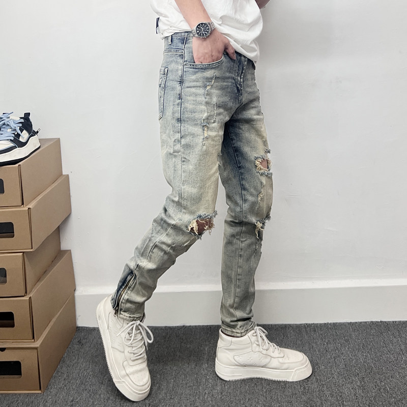 夏季修身小脚牛仔裤男破洞刮烂潮流时尚脚口拉链复古弹力乞丐长裤