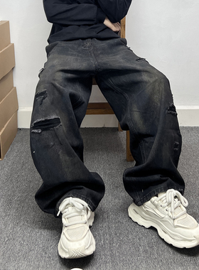 重磅水洗做旧黑色阔腿牛仔裤男款潮流个性破洞贴布设计直筒长裤子