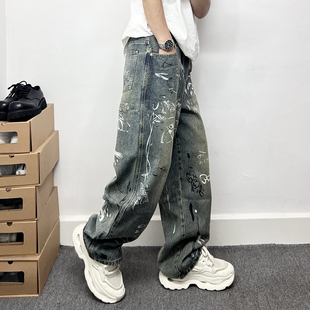 子 男欧美街头潮流嘻哈宽松阔腿直筒裤 潮牌复古个性 涂鸦印花牛仔裤