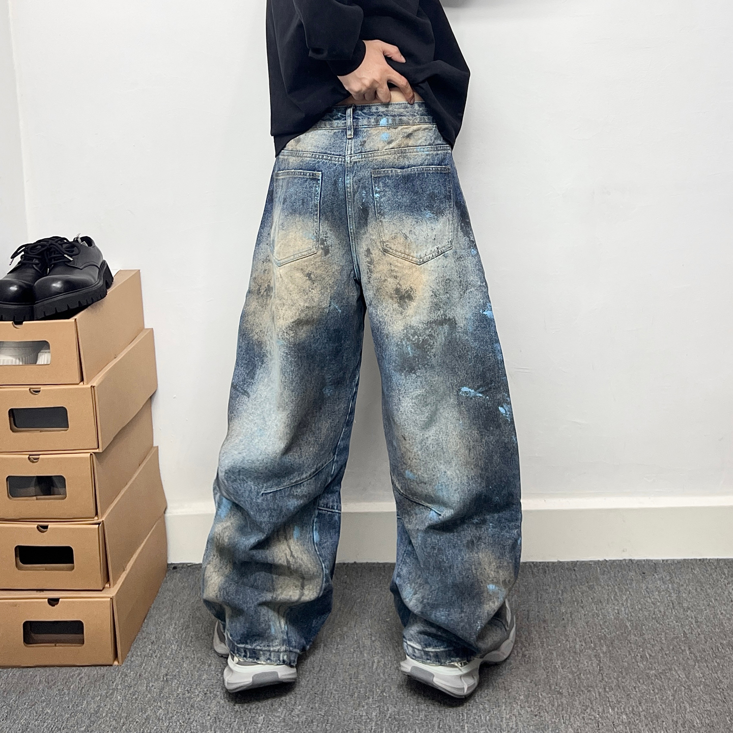 美式高街vibe水洗晕染弯刀牛仔裤男士复古做旧设计感阔腿直筒裤子