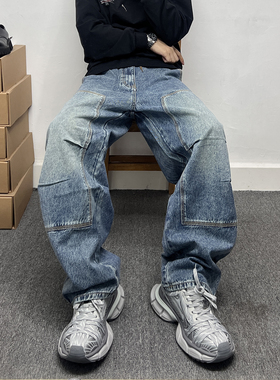 美式休闲拼接设计弯刀工装牛仔裤男款潮牌痞帅宽松直筒阔腿长裤子