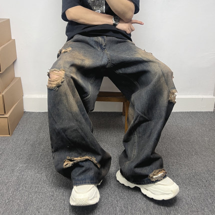 潮牌做旧水洗复古大破洞牛仔裤男宽松加长阔腿裤美式高街长裤子男