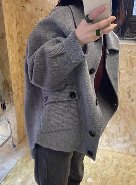 日娜高奢20XXASIA BUYER 1 isa 韩系复古灰色翻领短款毛呢外套女