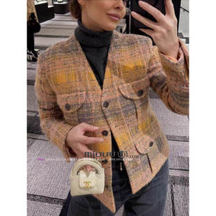 日娜高奢20XXASIA BUYER 1 pla 复古橘色格纹V领粗花呢修身外套女