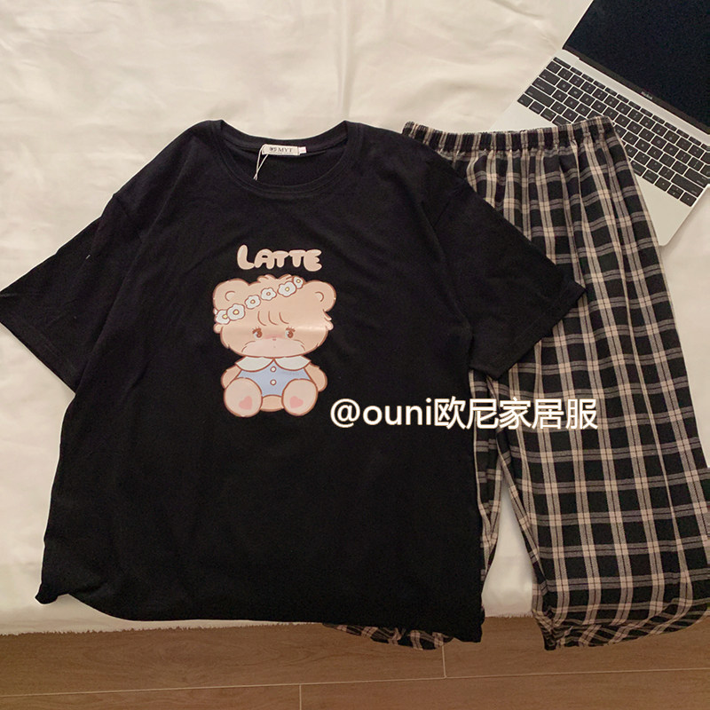 哥斯拉小姐mikko卡通小熊睡衣女夏季短袖长裤韩版套头格子家居服