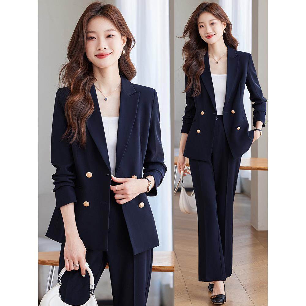 藏青色西装套装女轻职场高级感面试职业正装双排扣大学生西服外套