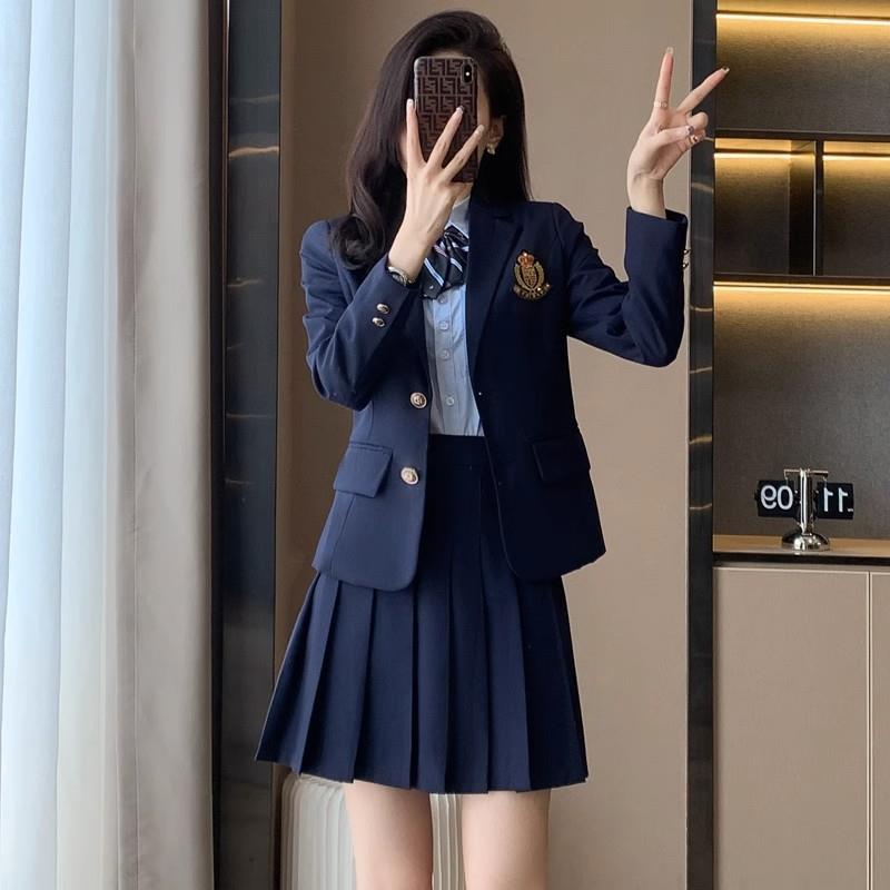 学院风JK制服西装外套女春秋新款小个子幼儿园教师工装百褶裙套装