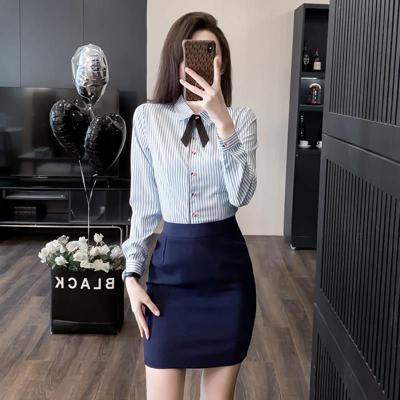 条纹衬衫工作服职业装套装春装衬衣女南航空姐制服前台接待工作装