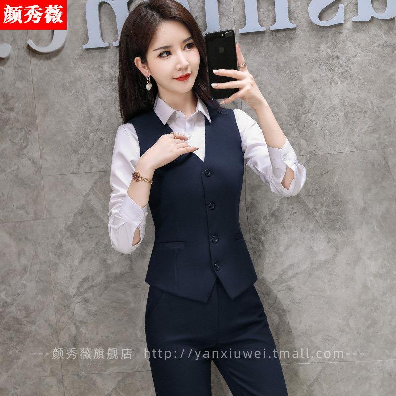 西装马甲套装女秋季正装短款马夹工作服时尚修身坎肩女工装三件套