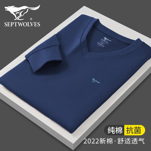 七匹狼V领纯棉秋衣裤套装男士