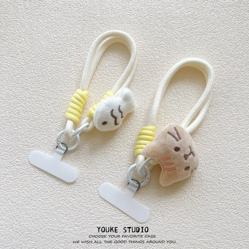 可爱毛绒猫咪小鱼尼龙挂绳手机壳手提短绳带夹片ccd钥匙扣防丢女