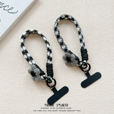 黑白千鸟格花朵挂绳手工编织短绳手机壳带夹片包包钥匙扣防丢女生