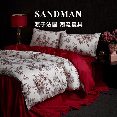 Sandman奢红结婚四件套红色喜庆花卉印花婚嫁婚庆被子床上用品