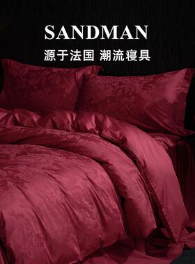 Sandman高档结婚四件套大红色婚庆喜嫁100S长绒棉提花喜被床品