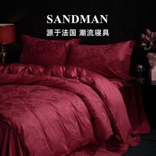 Sandman高档结婚四件套大红色婚庆喜嫁100支长绒棉提花喜被床品