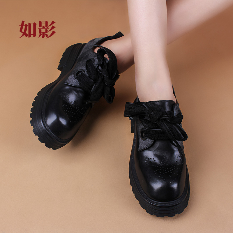如影日系新款牛皮布洛克雕花女鞋