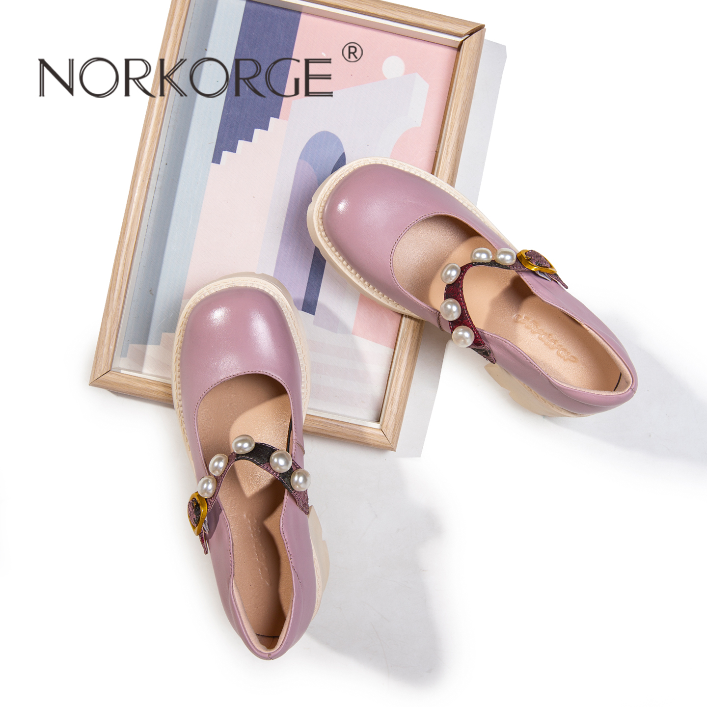 显高厚底显脚小真皮珍珠玛丽珍