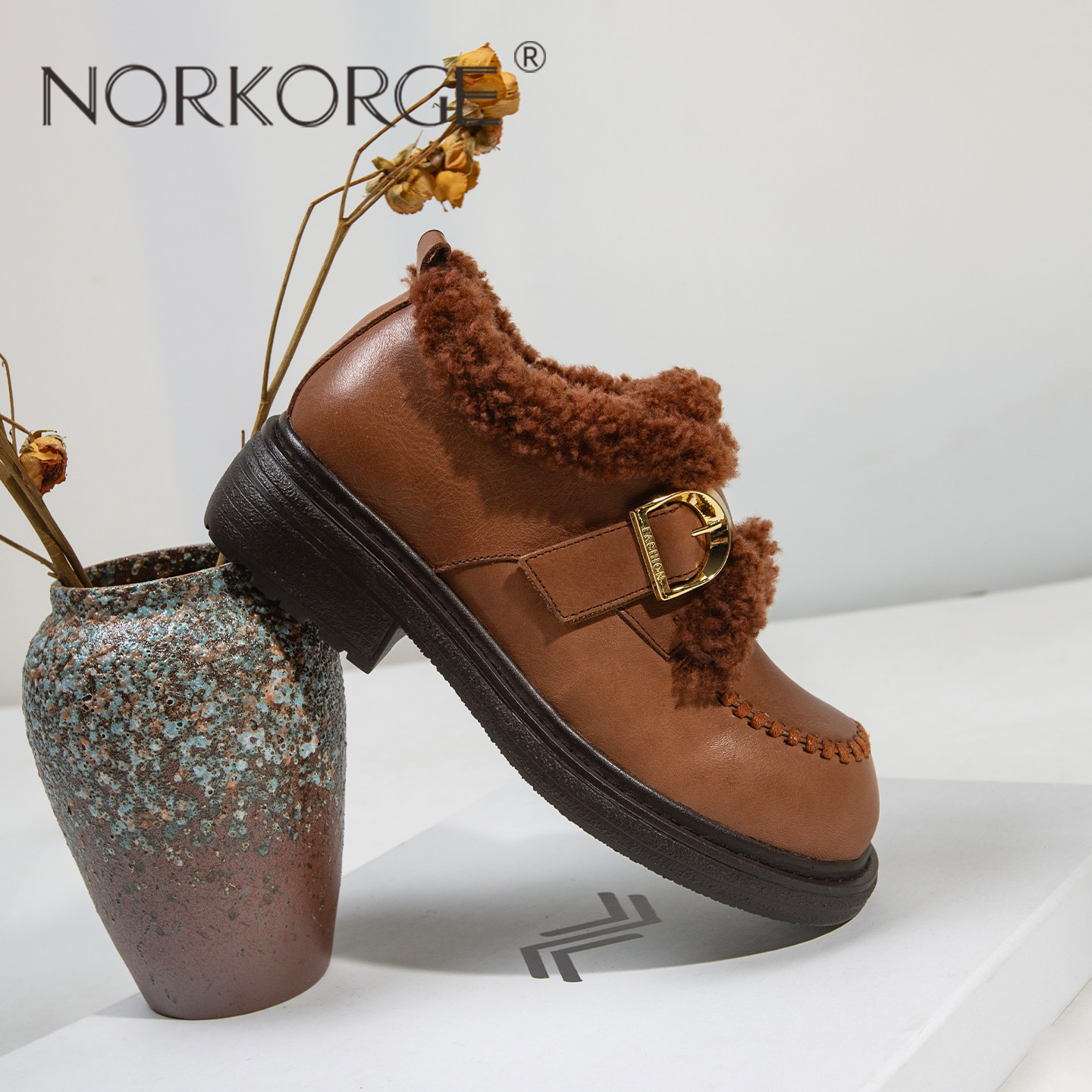 原创新款手工复古法式保暖粉羊毛乐福鞋女鞋真皮圆头毛毛鞋2025,女鞋,时尚雪地靴,淘宝优惠券,粉丝福利购,淘宝优惠卷