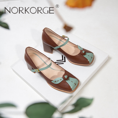 N26D3078M-复古真皮小玫瑰拼色粗跟新中式玛丽珍-蓝棕色