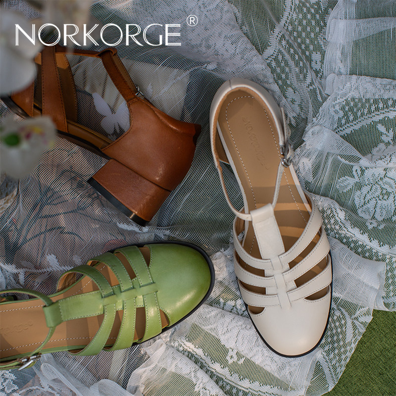 2026新款夏真皮圆头粗跟罗马鞋配裙子袜子中跟小皮鞋浅绿色凉鞋女