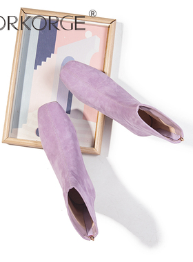 2025新款轻奢小众简约浅紫色小方头低粗跟气质短靴女真皮平底女靴