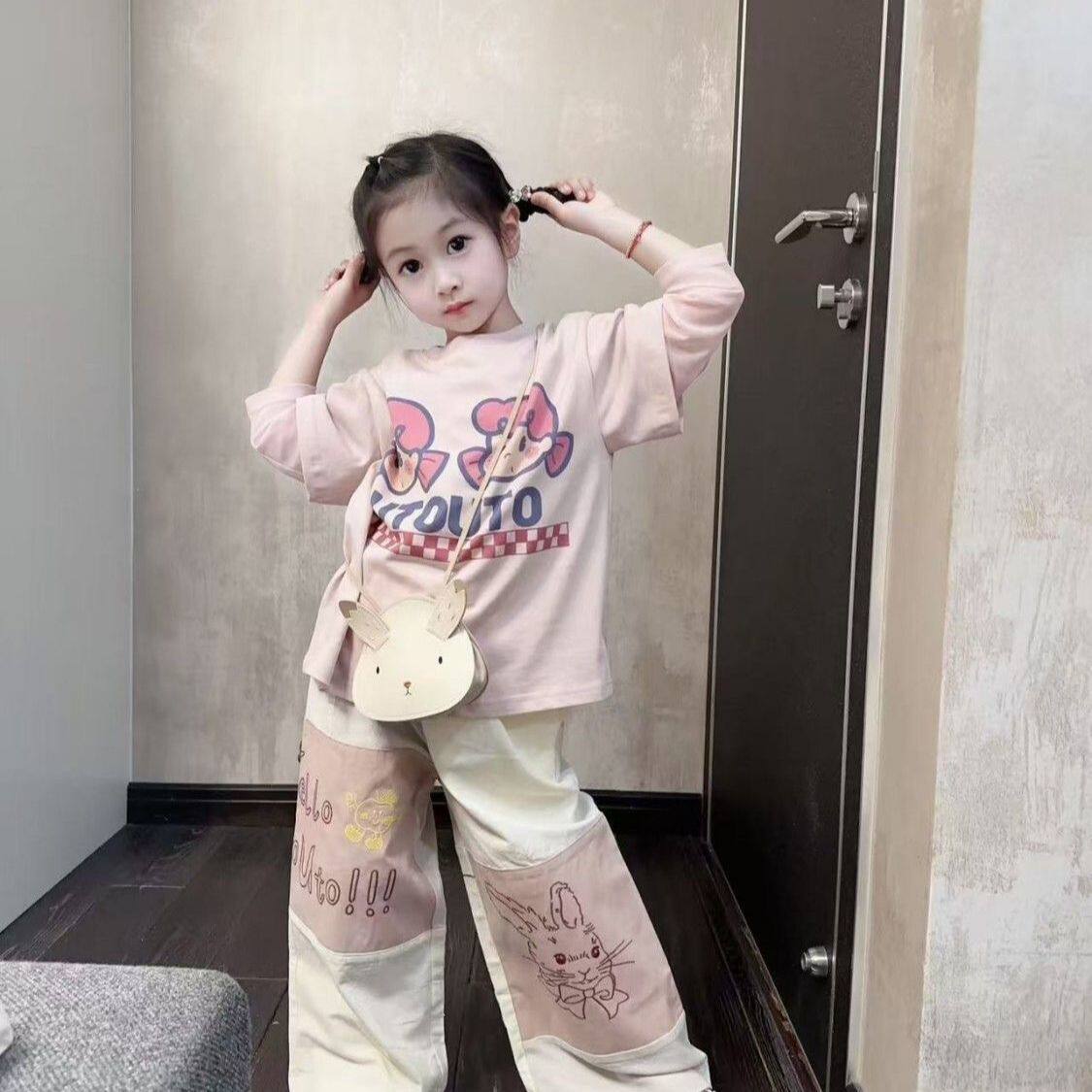 女童洋气套装2025新款春秋儿童假两件上衣休闲裤印花时尚两件套潮
