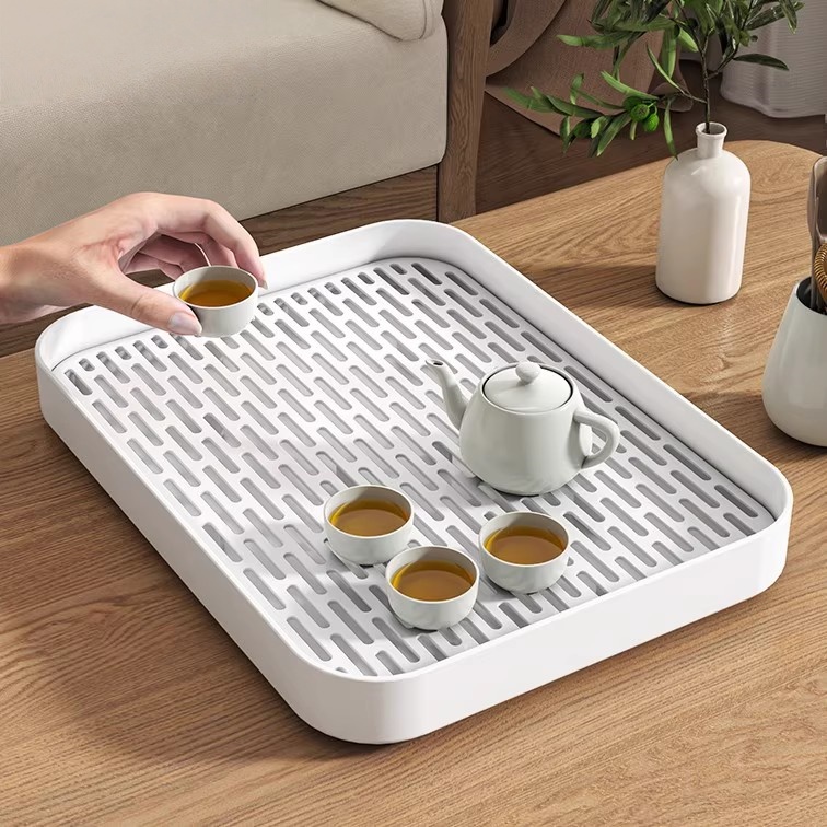 日式双层沥水塑料托 托盘长方形家用杯子水杯茶杯置物架茶几茶盘