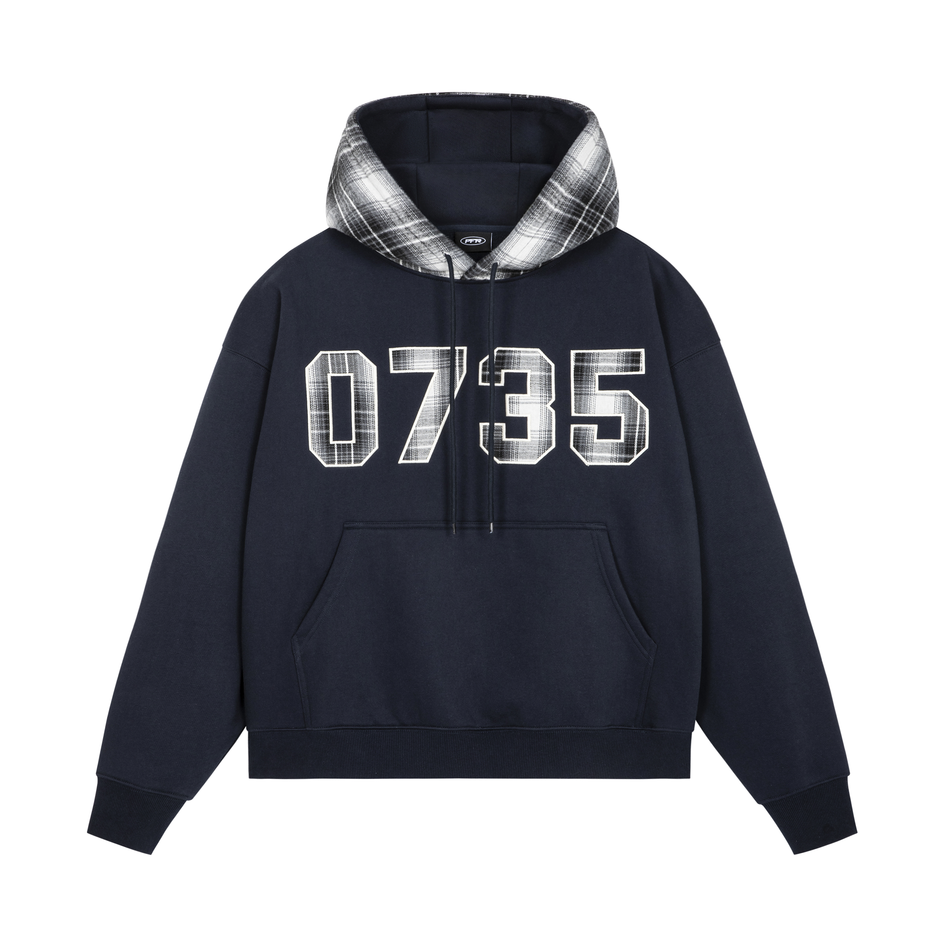 PFR AND格子帽0735贴布刺绣连帽卫衣 加绒撞色宽松落肩情侣套头衫