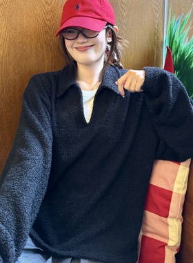 PFR AND  韩系黑色百搭polo翻领长袖简约休闲宽松针织衫套头情侣