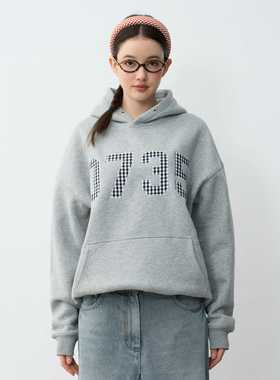 PFR AND 韩系黑白小格子贴布绣花卫衣 套头宽松加绒情侣春秋帽衫