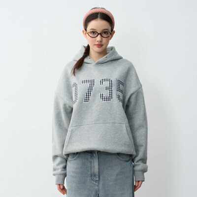 PFR AND 韩系黑白小格子贴布绣花卫衣 套头宽松加绒情侣春秋帽衫