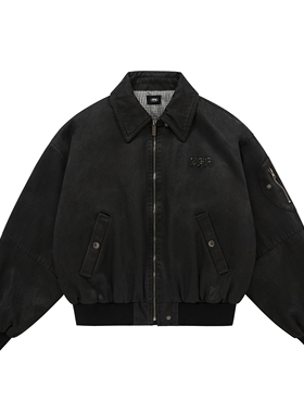 PFR AND水洗做旧翻领飞行夹克 美式男女短款宽松落肩夹棉拉链外套