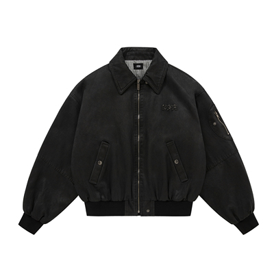 PFR AND水洗做旧翻领飞行夹克 美式男女短款宽松落肩夹棉拉链外套