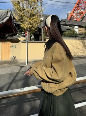 PFR AND撞色复古卡其色翻领夹克 水洗做旧春秋宽松短款外套情侣