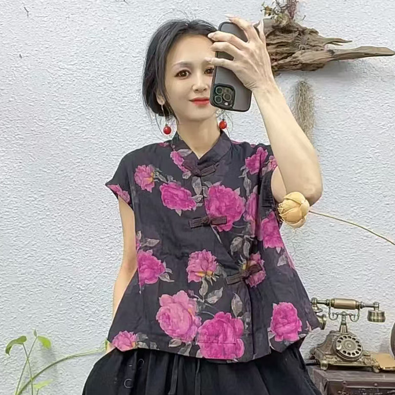 2026夏季新款民族风印花马夹女士双纱棉无袖衬衫上衣中老年妈妈装