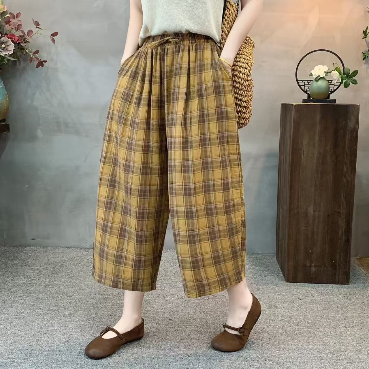 2026夏季新款格子八分裤女士时尚休闲纯棉中老年妈妈装裤子哈伦裤