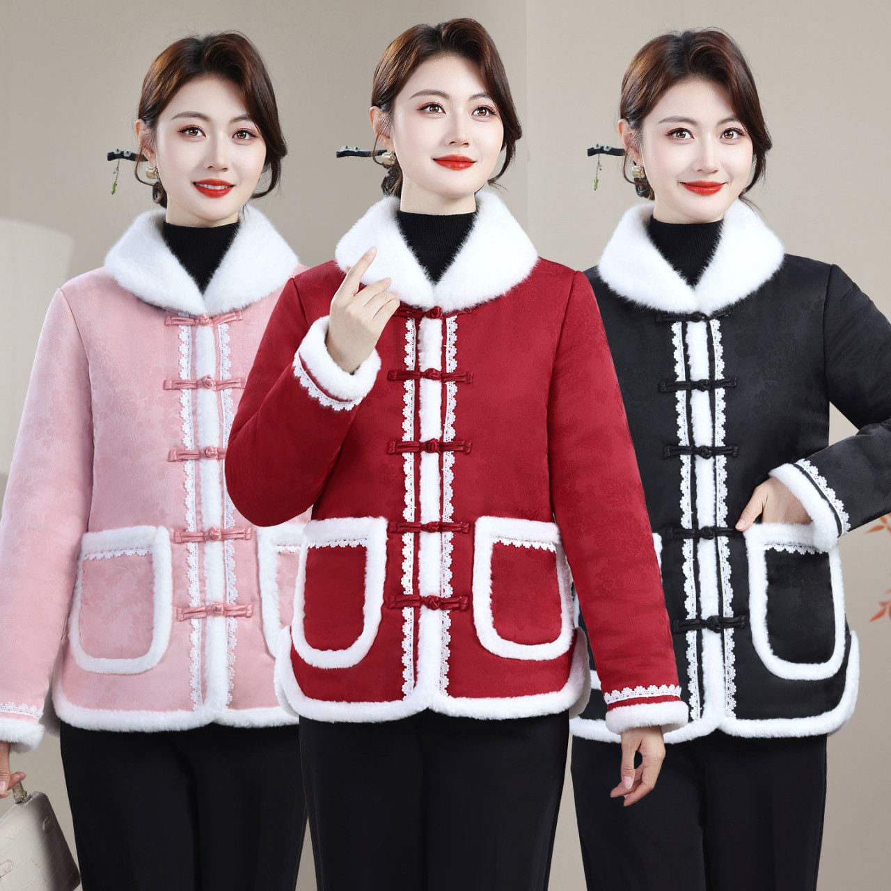 网红爆款加绒加厚女士唐装外套棉袄民族风盘扣中式立领棉衣妈妈装