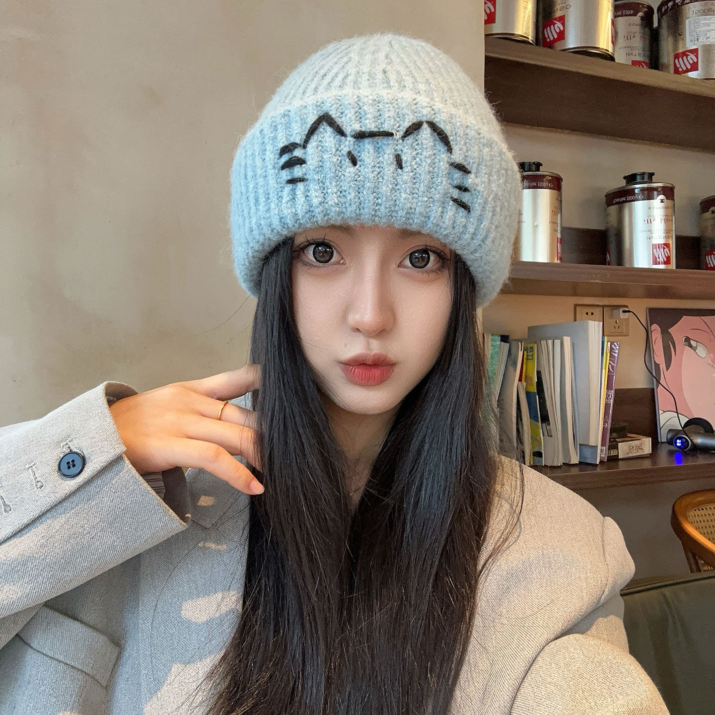 日系可爱猫咪刺绣针织帽子女秋冬加厚保暖毛线帽羊毛混纺包头冷帽,服饰配件/皮带/帽子/围巾,帽子,淘宝优惠券,粉丝福利购,淘宝优惠卷