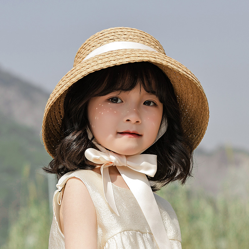 ins網(wǎng)紅赫本風(fēng)兒童系帶草帽女法式復(fù)古遮陽帽寶寶防曬百搭沙灘帽