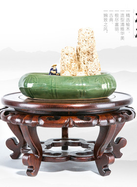 佛像玉石头实木花架圆形底座